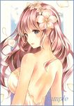  bangs bare_shoulders blue_border blush border breasts colored_pencil_(medium) flower from_behind large_breasts long_hair looking_at_viewer looking_back marker_(medium) multicolored multicolored_eyes open_mouth original pink_hair potto sample solo traditional_media upper_body 
