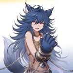  animal_ears bdsm blue_hair bondage bound bound_arms chain fenrir_(shingeki_no_bahamut) granblue_fantasy hair_between_eyes highres jewelry lock long_hair looking_at_viewer necklace open_mouth padlock paws red_eyes shingeki_no_bahamut solo tail tail_raised very_long_hair wolf_ears wolf_tail yuki7128 