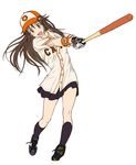  :d baseball_bat baseball_cap baseball_jersey black_footwear black_legwear black_skirt blush brown_hair cat_hair_ornament cleats full_body gloves green_eyes hair_ornament hairclip hat himekawa_yuki hiroshima_touyou_carp idolmaster idolmaster_cinderella_girls kneehighs long_hair nigou nippon_professional_baseball open_mouth pleated_skirt skirt smile solo swinging wristband 