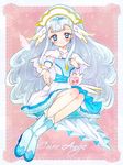  blue_eyes blue_footwear blue_hair boots character_name closed_mouth cure_ange curly_hair dress feathers full_body hair_ornament head_wings hugtto!_precure long_hair looking_at_viewer magical_girl nene_(oneoneo13) outstretched_hand pink_background precure sitting smile solo star white_dress yakushiji_saaya 