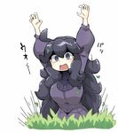  1girl @_@ ahoge al_bhed_eyes arms_up dress female hex_maniac_(pokemon) npc_trainer pokemon pokemon_(game) pokemon_xy purple_dress simple_background solo 