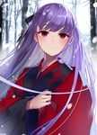  asagami_fujino bangs blunt_bangs blurry depth_of_field empty_eyes eyebrows_visible_through_hair fate/grand_order fate_(series) gendo0032 japanese_clothes kara_no_kyoukai kimono long_hair purple_hair red_eyes smile snow solo 