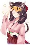  animal_ears bow brown_hair cat_ears cat_tail closed_umbrella commentary_request cowboy_shot drill_hair hair_bow hakama harukaze_(kantai_collection) highres japanese_clothes kantai_collection kimono lzd mask meiji_schoolgirl_uniform one_eye_closed oriental_umbrella paw_print pink_kimono red_bow red_eyes red_hakama smile solo tail twin_drills umbrella 