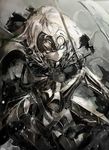  armor armored_dress black_dress dress fate/grand_order fate_(series) gauntlets holding holding_sword holding_weapon jeanne_d'arc_(alter)_(fate) jeanne_d'arc_(fate)_(all) kataru_(ubw-emiya) looking_at_viewer silver_eyes silver_hair smile solo sword weapon 