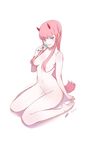  absurdres bad_id bad_pixiv_id bangs blue_eyes breasts candy darling_in_the_franxx dated eyebrows_visible_through_hair food hair_over_breasts highres horns kim_jin_sung lollipop long_hair looking_at_viewer navel nude pale_skin parted_lips pink_hair sitting smile solo straight_hair very_long_hair wariza zero_two_(darling_in_the_franxx) 