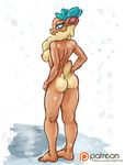  anthro breasts butt exhibitionism female looking_at_viewer nipples patreon plantigrade public public_nudity side_boob smudge_proof snow snowing solo them&#039;s_fightin&#039;_herds velvet_reindeer_(tfh) 