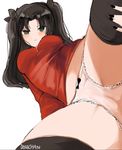  artist_name bangs black_hair black_legwear black_nails black_ribbon blush bow bow_panties breasts dole_(lo628) fate/stay_night fate_(series) foreshortening green_eyes hair_ribbon long_hair looking_at_viewer looking_down medium_breasts nail_polish no_pants panties parted_bangs red_sweater ribbon simple_background solo spread_legs sweater thighhighs thighs toosaka_rin tsurime two_side_up underwear white_background white_panties 