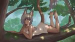  animal_ears bare_legs barefoot blue_eyes bottomless branch camisole closed_mouth dirty_feet highres light_smile lying on_stomach original paintrfiend shade short_hair silver_hair soles solo tail tree tree_shade 