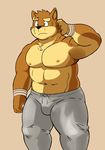  anthro big_muscles bulge canine clothed clothing dog gray_pants kenta_shiba_(character) male mammal muscular muscular_male shiba-kenta shiba_inu solo sweat sweatdrop sweatpants topless 