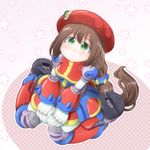  1girl android beret blush breasts brown_hair capcom dress from_above gloves green_eyes hand_between_legs hands_together hat iris_(rockman_x) kneeling long_hair looking_up low-tied_long_hair patterned_background robot_girl robot_joints rockman rockman_x rockman_x4 solo white_gloves 