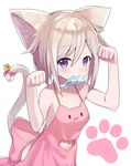 :3 animal_ears apron bell blush brown_hair cat_ears cat_girl cat_tail clenched_hands cona_kinaco eyebrows_visible_through_hair fish hair_between_eyes heart heart_cutout heart_in_eye highres jingle_bell looking_at_viewer mouth_hold naked_apron navel navel_cutout original paw_pose paw_print pink_apron purple_eyes solo symbol_in_eye tail tail_bell tail_raised white_background 