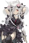  animal_ears arms_up bangs black_dress black_legwear blush breasts closed_mouth commentary_request dress garter_straps hair_ornament hair_over_one_eye large_breasts long_hair original rayvon red_eyes sidelocks silver_hair simple_background solo tail thighhighs thighs white_background 