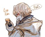  cellphone fire_emblem fire_emblem:_kakusei fire_emblem_heroes gimurei gloves holding holding_cellphone holding_phone krazehkai male_focus male_my_unit_(fire_emblem:_kakusei) monochrome my_unit_(fire_emblem:_kakusei) phone red_eyes short_hair smartphone smile solo speech_bubble upper_body white_background 