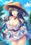  bare_shoulders blue_eyes blue_sky blush breasts cleavage cloud collarbone commentary_request day eyebrows_visible_through_hair flower hair_between_eyes highres jewelry large_breasts liya long_hair looking_at_viewer moe2018 necklace original outdoors sky solo swimsuit 