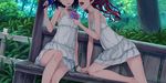  54cr barefoot bench black_hair brown_hair crepe day dress food head_out_of_frame highres holding_hands long_hair moe2018 multiple_girls open_mouth original plant scenery shade tree white_dress wristband yuri 