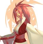  baiken breasts closed_mouth commentary facial_mark guilty_gear japanese_clothes katana kimono large_breasts long_skirt looking_at_viewer mouth_hold nikusenpai obi one_eye_closed pink_eyes pink_hair ponytail sash scar skirt solo sword upper_body weapon 