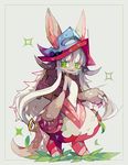  :3 amakusa_(hidorozoa) animal_ears arm_at_side bangs barefoot ears_through_headwear full_body furry green_eyes hat leaf long_hair made_in_abyss nanachi_(made_in_abyss) navel open_mouth pants paws puffy_pants simple_background smile solo standing tail topless whiskers white_background white_hair 