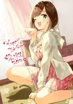  ;3 ;d bed bedroom breasts brown_hair cleavage commentary_request curtains dated day dress fang green_eyes happy_birthday hood hoodie idolmaster idolmaster_cinderella_girls indoors long_sleeves maekawa_miku medium_breasts miyabi_akino one_eye_closed open_mouth paw_pose pink_dress short_hair smile solo 