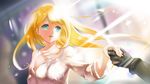  bare_shoulders black_gloves black_suit blonde_hair blue_eyes breasts dress gloves highres iff long_hair medium_breasts open_mouth overlord_(maruyama) tsuareninya_veyron white_dress 