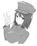  akitsu_maru_(kantai_collection) bangs blush breasts closed_mouth gloves greyscale hand_up hat highres hometa jacket kantai_collection large_breasts long_sleeves looking_at_viewer monochrome peaked_cap short_hair simple_background smile solo upper_body v white_background 