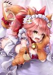  animal_ears bangs bell bonnet bow breasts cat cat_day claws cleavage collar commentary_request dress eyebrows_visible_through_hair fangs fate/grand_order fate_(series) gloves hair_between_eyes hane_yuki highres long_hair looking_at_viewer lying medium_breasts on_stomach open_mouth paw_gloves paws pink_hair purple_dress red_bow red_collar short_sleeves simple_background tamamo_(fate)_(all) tamamo_cat_(fate) yellow_eyes 