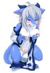  &lt;3_censor anthro aquatic_dragon areola blue_eyes blush breast_grab breasts breath censored clothing crouching dragon dripping female hair hand_on_breast holding_breast kame_3 kemono lactating looking_at_viewer milk non-mammal_breasts open_mouth pussy_juice scalie simple_background solo white_background white_hair 