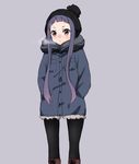  beanie black_hat black_legwear blue_coat blush boots breath brown_eyes brown_footwear closed_mouth cross-laced_footwear hands_in_pockets hat hood hood_down hooded_coat lace-up_boots long_hair long_sleeves nuno_(pppompon) oogaki_chiaki pantyhose purple_background purple_hair sidelocks simple_background solo standing very_long_hair yurucamp 