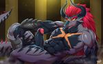  2017 abs alternate_version_at_source anthro balls barazoku batzz_(buddyfight) biceps big_balls big_eyebrows big_penis biped black_scales bna_v5 digital_media_(artwork) dragon erection facial_scar future_card_buddyfight grey_scales grey_tail hair horn humanoid_hands humanoid_penis long_hair long_tail looking_at_viewer male markings multicolored_scales muscular muscular_male nude open_mouth open_smile pecs penis red_hair scales scalie scar sharp_teeth smile solo teeth tongue 