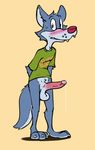  anthro balls blush bottomless canine clothed clothing emenius erection fur looking_at_viewer male mammal penis precum shirt simple_background solo standing sweat wolf 