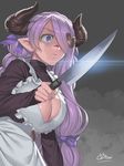  alternate_costume apron breasts cleavage cleavage_cutout closed_mouth draph frilled_apron frills granblue_fantasy hair_ornament hair_over_one_eye hair_ribbon heart heart_hair_ornament highres holding knife large_breasts meme narmaya_(granblue_fantasy) obui pointy_ears purple_eyes purple_hair ribbon shaded_face signature tsukiji_uogashi_sandaime turtleneck wide-eyed 