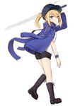  arm_up artoria_pendragon_(all) bangs black_footwear black_hat black_shorts blonde_hair blue_eyes blue_jacket boots closed_mouth eyebrows_visible_through_hair fate/grand_order fate_(series) flat_cap hair_between_eyes hair_through_headwear hat highres holding holding_sword holding_weapon jacket knee_boots long_sleeves mysterious_heroine_x ponytail rojiura_satsuki:_chapter_heroine_sanctuary shirt short_shorts shorts sidelocks sketch solo standing standing_on_one_leg sword weapon white_background white_shirt wristband yukarite 