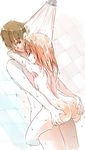  1girl amputee ass ass_grab back breasts brown_hair carrying closed_eyes commentary couple dutch_angle hair_down hands_on_ass hetero highres hug ibarazaki_emi katawa_shoujo long_hair nakai_hisao nude orange_hair rtil shower shower_head sketch small_breasts smile tile_wall tiles water water_drop wet 