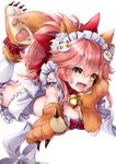  animal_ears bangs bell bonnet bow breasts cat cat_day claws cleavage collar commentary_request dress eyebrows_visible_through_hair fangs fate/grand_order fate_(series) gloves hair_between_eyes hane_yuki highres long_hair looking_at_viewer lying medium_breasts on_stomach open_mouth paw_gloves paws pink_hair purple_dress red_bow red_collar revision short_sleeves simple_background tamamo_(fate)_(all) tamamo_cat_(fate) yellow_eyes 