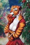  2018 anthro apple ariesredlo basket blurred_background breasts brown_eyebrows brown_fur brown_nose brown_stripes clothed clothing depth_of_field digital_media_(artwork) dress eating exposed_breasts eyebrows fangs feline female food front_view fruit fur grapes half-length_portrait hi_res holding_food holding_object kung_fu_panda looking_at_viewer mammal master_tigress multicolored_fur nipples open_mouth orange_fur outside pear pink_nipples portrait red_clothing red_dress red_eyes solo standing striped_fur stripes tiger white_fur yellow_sclera 