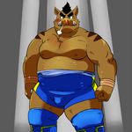  anthro big_muscles blood blue_shoes boar boots bulge clothing footwear male mammal musclegut muscular muscular_male nipples overweight overweight_male porcine shiba-kenta takeshi_inoyama wrestling_singlet 