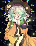  black_hat commentary eyeball frilled_sleeves frills gradient_hair green_eyes green_hair hair_over_one_eye hat heart highres komeiji_koishi light long_sleeves looking_at_viewer multicolored_hair neon_(co2co8) one_eye_closed open_mouth rainbow_order silver_hair solo third_eye touhou upper_body wavy_hair wide_sleeves 