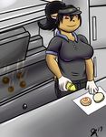  2017 5_fingers anthro bear big_breasts biped black_hair black_nose bottomwear breasts buns burger clothed clothing cooking detailed_background female fingers food fully_clothed fur gloves grey_bottomwear grey_clothing grey_hat grey_headwear grey_pants grey_shirt grey_topwear grill hair hat headwear holding_object kitchen mammal mcdonald&#039;s pants ponytail red_eyes ruby_(xwebzx) shirt smile solo standing tan_ears tan_fur topwear uniform visor white_gloves working xwebzx 