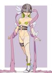  1girl angewomon bandai bare_shoulders blonde_hair covered_face digimon feathers female helmet high_heel_boots loli long_hair solo winged_helmet wings younger 