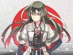  black_gloves commentary_request fingerless_gloves gloves green_hair hair_between_eyes hair_down headband highres japanese_clothes kantai_collection long_hair muneate remodel_(kantai_collection) short_sleeves solo tendou_itsuki white_headband yellow_eyes zuikaku_(kantai_collection) 