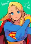  blonde_hair blue_bodysuit blue_eyes bodysuit cape closed_mouth commentary_request grey_background highres kotatsu_(g-rough) lips long_hair looking_at_viewer red_cape signature simple_background solo stretch supergirl superhero superman_(series) upper_body 