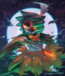  2016 2_fingers ambiguous_gender anthro arrow avian beak biped bird black_beak brown_feathers cloud dark_theme decidueye digital_media_(artwork) digital_painting_(artwork) eye_markings feathered_wings feathers fingerless_(marking) front_view frown full_moon glowing glowing_eyes green_feathers half-length_portrait holding_object lighting looking_away loose_feather markings mask_(marking) moon moonlight multicolored_feathers night nintendo nude orange_eyes orange_markings pok&eacute;mon pok&eacute;mon_(species) portrait pseudo_clothing signature sky solo spots spotted_feathers starsoulart video_games vines watermark white_feathers white_spots winged_arms wings 
