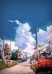  bus cloud day fence grass ground_vehicle highres motor_vehicle no_humans original outdoors pole railing railroad_crossing railroad_tracks road scenery shade sign signature sky smile_(qd4nsvik) still_life street sunlight translation_request tree 