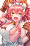  animal_ears apron bell bell_collar blush breasts cat_hair_ornament cat_paws cleavage collar fangs fate/grand_order fate_(series) fox_ears fox_tail gloves hair_ornament hair_ribbon jingle_bell kamuinii large_breasts long_hair looking_at_viewer naked_apron open_mouth paw_gloves paws pink_hair ponytail ribbon sideboob simple_background solo tail tamamo_(fate)_(all) tamamo_cat_(fate) white_background yellow_eyes 