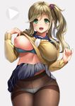  :d black_legwear blue_bra blue_panties blue_sailor_collar blush bra bra_pull breasts brown_hair brown_legwear brown_sweater clothes_lift covered_navel cowboy_shot crotch_seam eyebrows_visible_through_hair green_eyes grey_background grey_skirt highres inuyama_aoi large_breasts lifted_by_self long_hair long_sleeves looking_at_viewer neko_neko_koneko nipples one_breast_out open_mouth panties panties_under_pantyhose pantyhose sailor_collar shiny shiny_skin side_ponytail sidelocks simple_background skirt skirt_lift smile solo standing sweater sweater_lift tareme thick_eyebrows thighband_pantyhose underwear yurucamp 