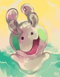  creature full_body gen_6_pokemon glitchedpuppet goomy looking_at_viewer no_humans open_mouth pokemon pokemon_(creature) signature solo water yellow_background 
