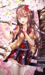  1girl :d ahoge bangs blurry blurry_foreground blush breasts brown_hair brown_shirt cherry_blossoms commentary_request cowboy_shot cup6542 depth_of_field eyebrows_visible_through_hair falling_leaves floral_print flower hair_flower hair_ornament hands_up head_tilt highres holding holding_sword holding_weapon index_finger_raised japanese_clothes katana leaf long_hair looking_at_viewer medium_breasts miniskirt multicolored multicolored_clothes multicolored_skirt obi open_clothes open_mouth open_shirt original pleated_skirt purple_eyes red_flower red_sailor_collar ribbon-trimmed_legwear ribbon_trim sailor_collar sash sheath sheathed shirt short_sleeves sidelocks skirt smile solo standing sword thighhighs tree undershirt upper_teeth weapon weapon_on_back white_legwear white_shirt zettai_ryouiki 
