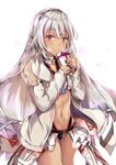 altera_(fate) bangs blush bodypaint box closed_mouth coat commentary_request dark_skin eyebrows_visible_through_hair fate_(series) fingernails fur_trim gift gift_box highres holding konka long_sleeves looking_at_viewer nail_polish navel open_clothes open_coat red_eyes short_hair silver_hair simple_background smile solo standing valentine veil white_background 