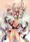  altera_(fate) bangs blush bodypaint box breasts cleavage closed_mouth coat commentary dark_skin detached_sleeves eyebrows_visible_through_hair fate/grand_order fate_(series) fingernails hair_between_eyes highres holding long_sleeves looking medium_breasts nail_polish navel ogyue photon_ray red_eyes short_hair silver_hair simple_background smile solo standing sword veil weapon white_background 