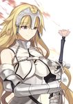  armor armored_dress blonde_hair closed_mouth eyebrows_visible_through_hair fate/apocrypha fate/grand_order fate_(series) flower headpiece highres holding holding_sword holding_weapon jeanne_d'arc_(fate) jeanne_d'arc_(fate)_(all) light_smile long_hair nikame purple_eyes signature smile solo sword very_long_hair weapon 