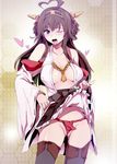  ahoge blush breasts brown_hair commentary_request fundoshi hairband heart heart_ahoge higata_akatsuki honeycomb_(pattern) honeycomb_background japanese_clothes jpeg_artifacts kantai_collection kongou_(kantai_collection) large_breasts lifted_by_self one_eye_closed partially_visible_vulva ribbon-trimmed_sleeves ribbon_trim skirt skirt_lift thighhighs tongue tongue_out underboob 